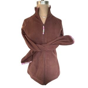 Lilly Pulitzer brown fleece jacket, floral trim, logo front pockets SMALL